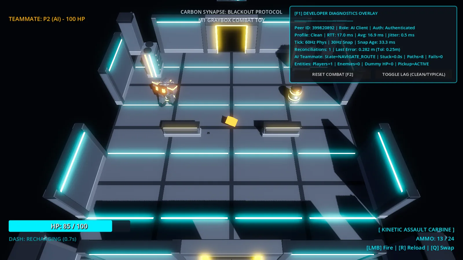 Cyberpunk co-op shooter: neon overhead arena from Gemini Flash's M3 build