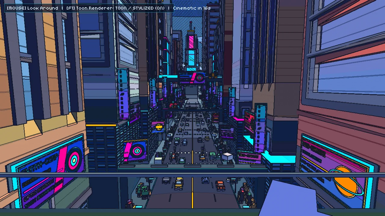Gemini 4 Argon F1 toon mode: crisp Sobel ink outlines and cel-shaded color bands across the street canyon and apartment