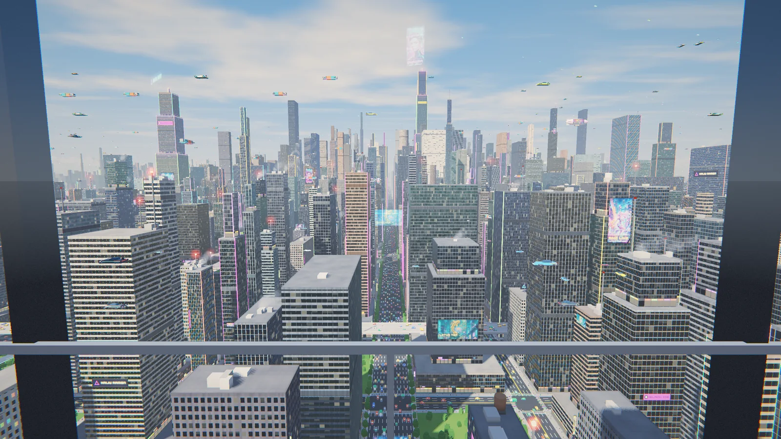 Digital Reset daytime cyberpunk metropolis viewed from a 55th-floor window, built by Claude Opus 5.5 in Rust and macroquad