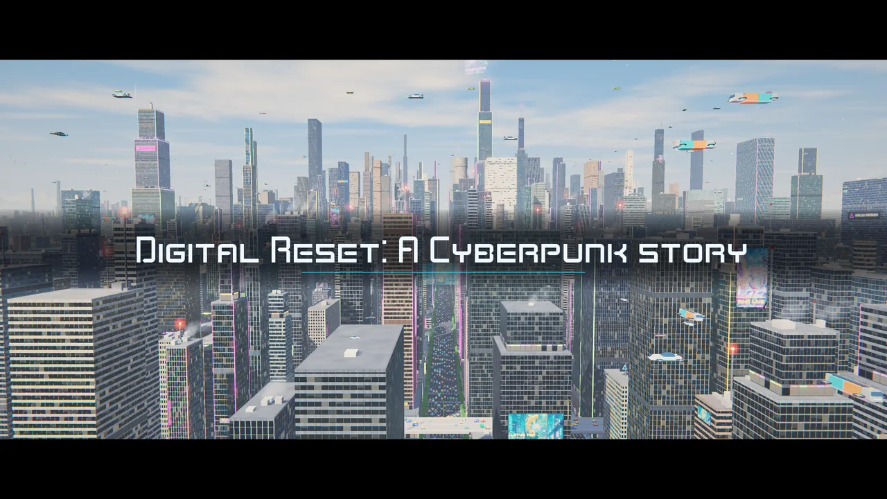 Claude Opus 5.5 20-second cinematic title card: Digital Reset: A Cyberpunk story