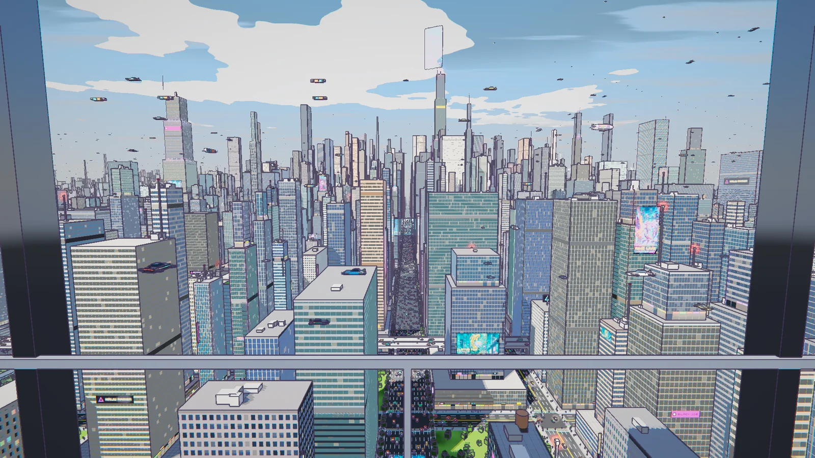 Claude Opus 5.5 F1 toon mode: cel-shaded metropolis with clean normal/depth ink outlines and posterized color bands