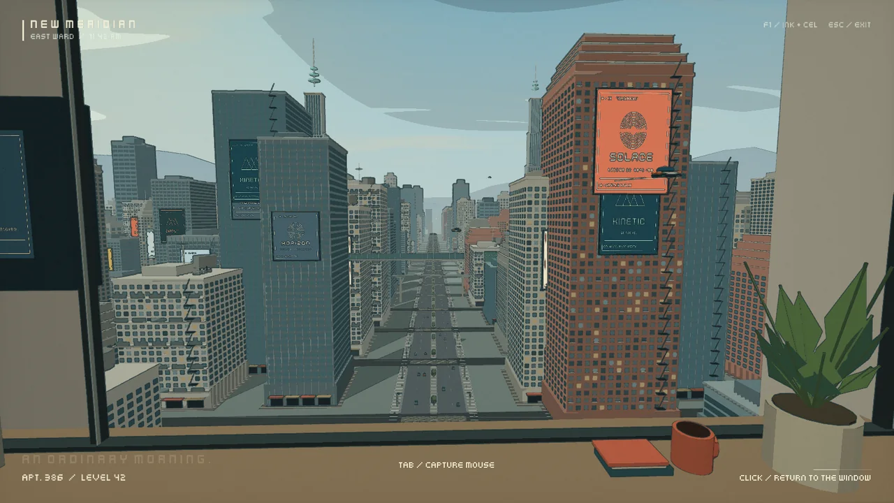 GPT-6.1 Sol on Copilot CLI F1 toon mode: clean cel-shaded urban avenue with crosshatching