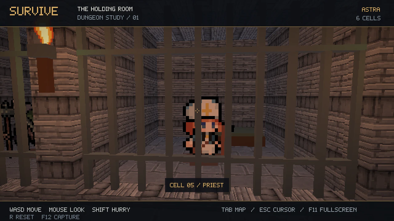 GPT-6 Astra cell close-up: looking through 3D iron bars at CELL 05 / Priest with wooden bunk behind