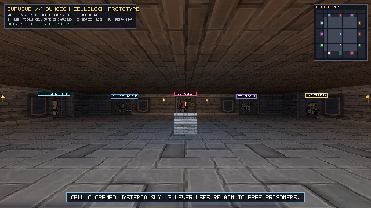 Survive dungeon cellblock prototype built by Gemini 4 Argon: 3D stone walls, iron cell grates, character sprites, and minimap