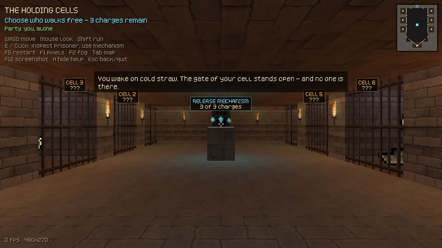 Opus 5.5 round two: view north from the opened Cell 0 down a barred corridor toward the glowing release mechanism, with CELL 2, 3, 5 and 6 plaques marked ???