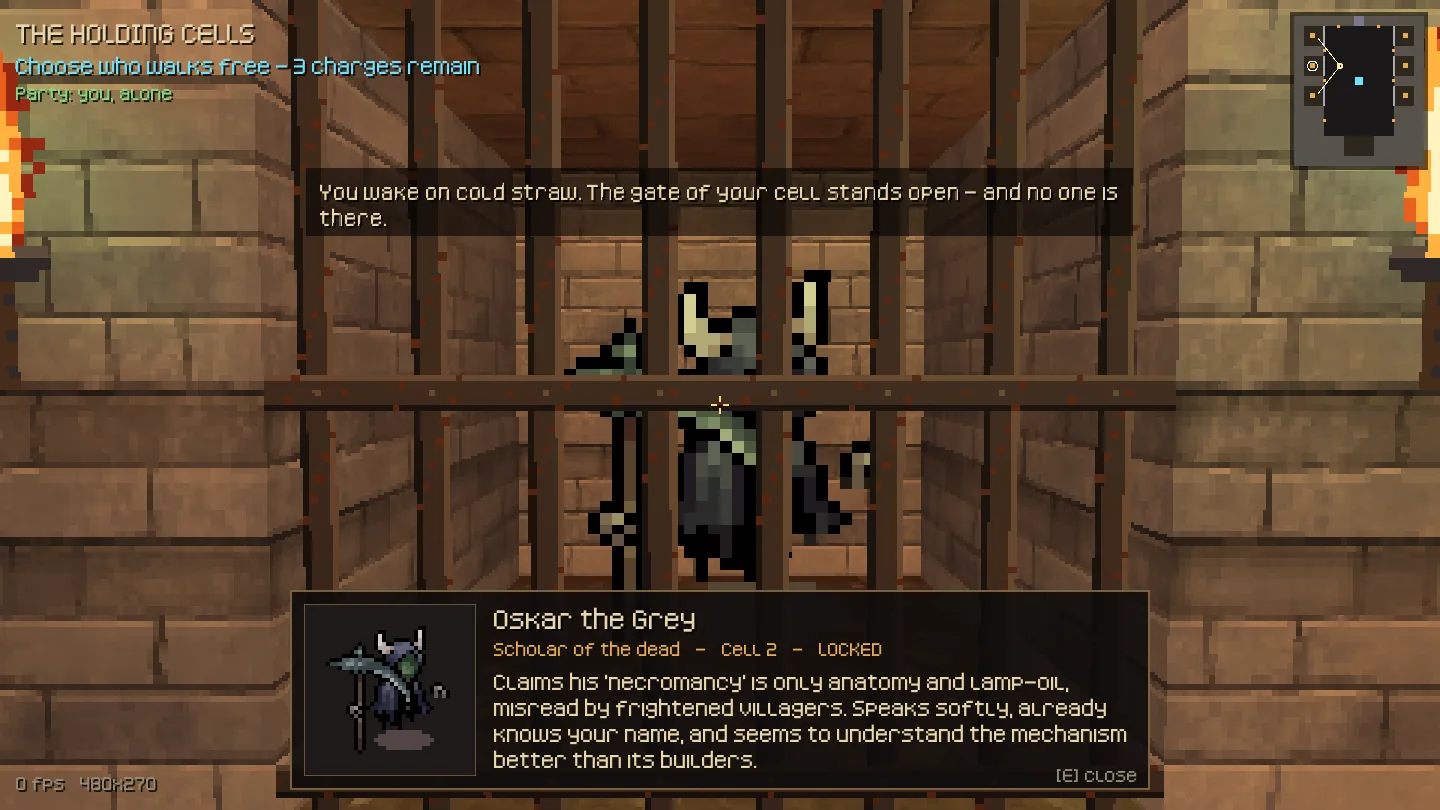 Opus 5.5 round two: looking through iron bars at Oskar the Grey the Necromancer with a biography card open