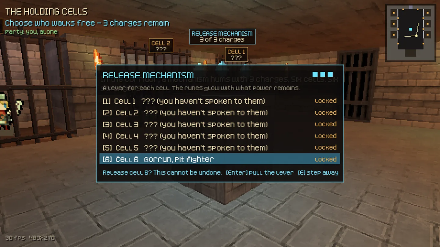 Opus 5.5 round two: release mechanism panel listing six cells, with Cell 6 Gorrun the pit fighter selected and a confirm prompt