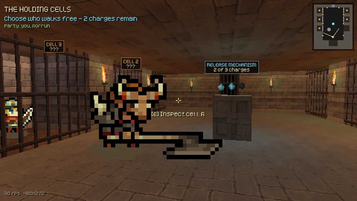 Opus 5.5 round two: Gorrun the Minotaur walking free across the corridor toward the mechanism, which shows 2 of 3 charges