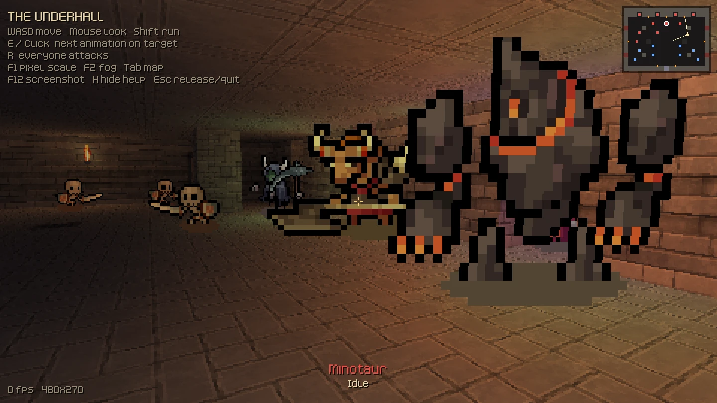 Claude Opus 5.5 close-up: Minotaur and Flame Golem standing in the open hall under a wood plank ceiling