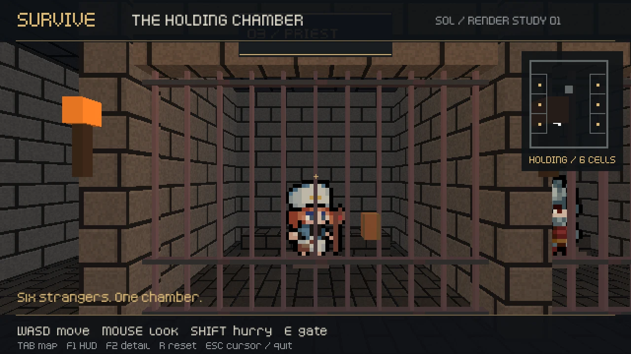 GPT-6.1 Sol cell close-up: 03 / PRIEST behind 3D iron bars with brass lock and E OPEN GATE prompt