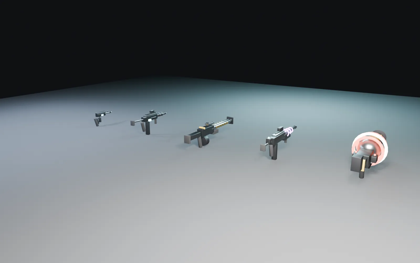 Grok weapons lineup Blender render