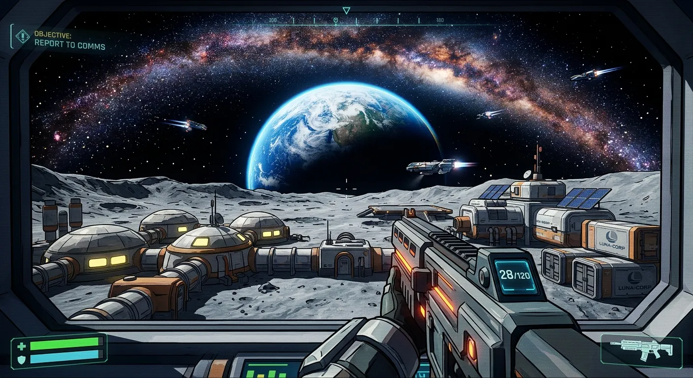 Inspiration image: illustrated first-person view of a lunar colony with Earth and the Milky Way