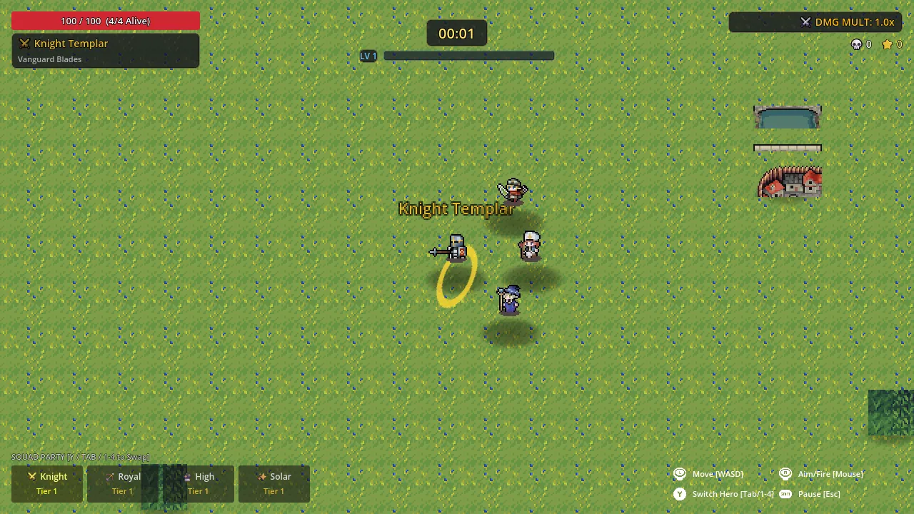 Squad Survivors: four heroes at timer 00:01, level-up bar, no enemies yet