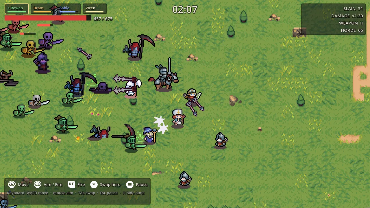 Warband Survivors: four named heroes fighting a dense, varied horde at 2:07