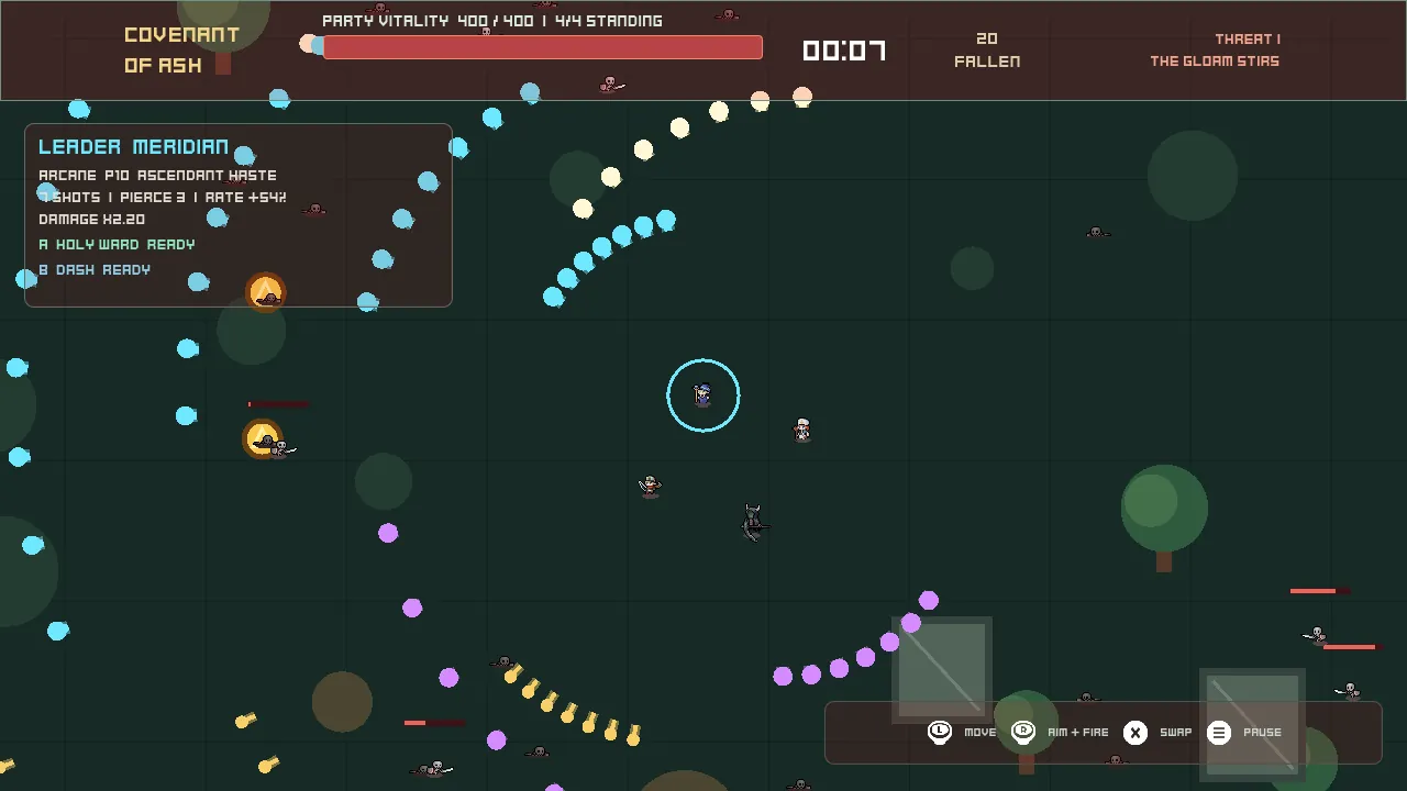 Covenant of Ash: dark teal field with tiny sprites and fans of coloured orb projectiles