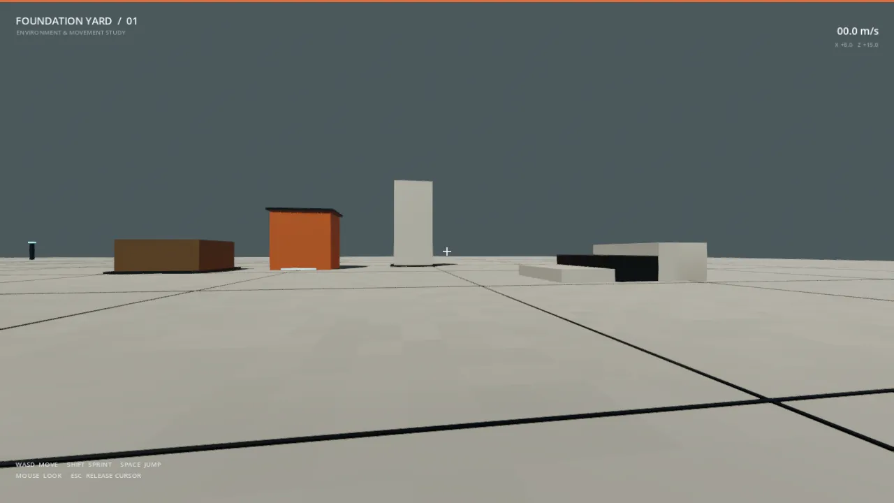 Foundation Yard: grey tiled plane with a few coloured blocks under a flat grey sky