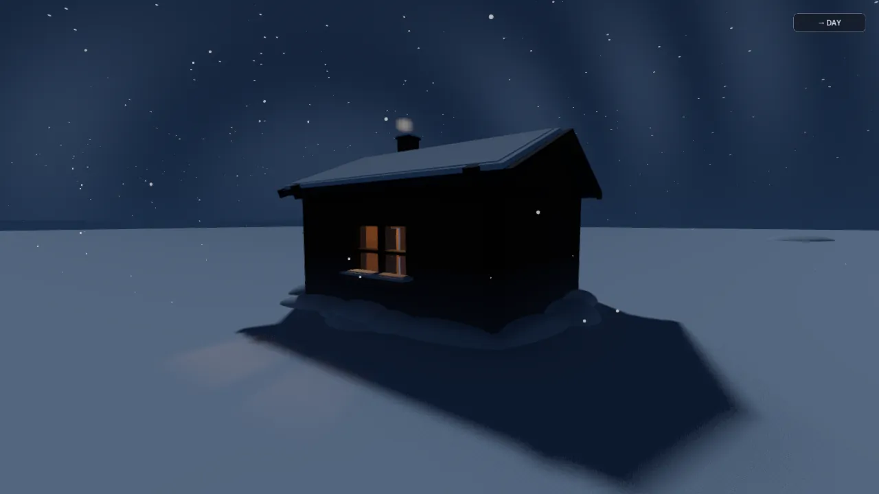 Fable 5's Round 2 HEARTHLIGHT: timber cabin with lit window, chimney smoke, stars and aurora