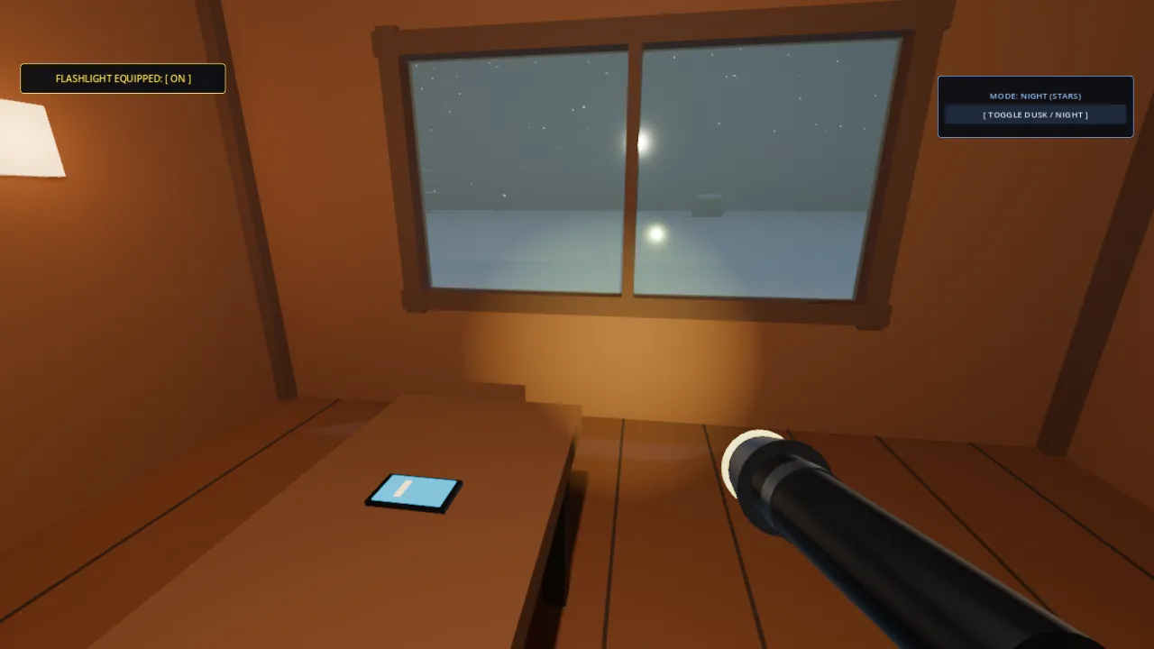 Gemini Round 2: wood-plank interior, phone on table, two-pane window with snow, flashlight