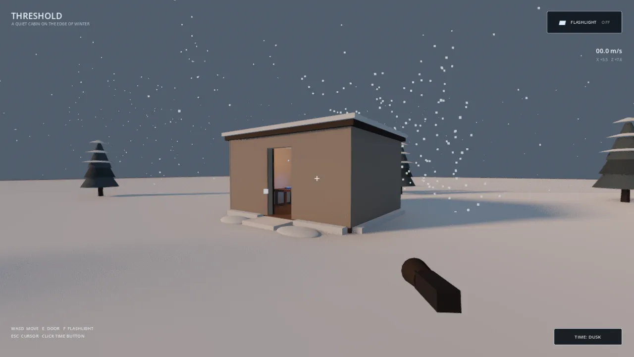 THRESHOLD: tan box cabin with flat snowy roof and open door, pines, falling snow