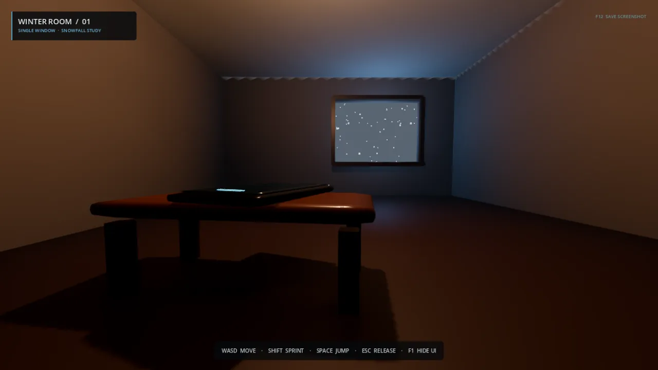 Luna Round 1: dim room, table with a phone, snow in the window