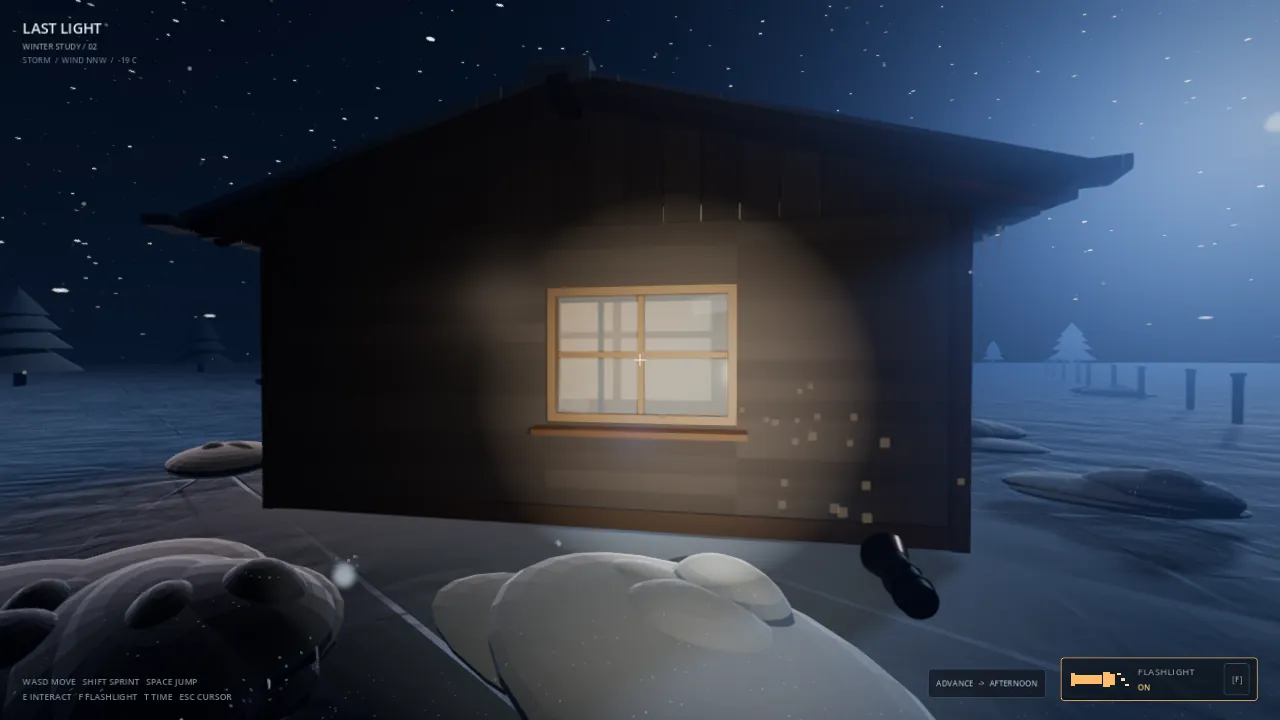 LAST LIGHT: dark timber cabin at night, flashlight on the window, snow drifts