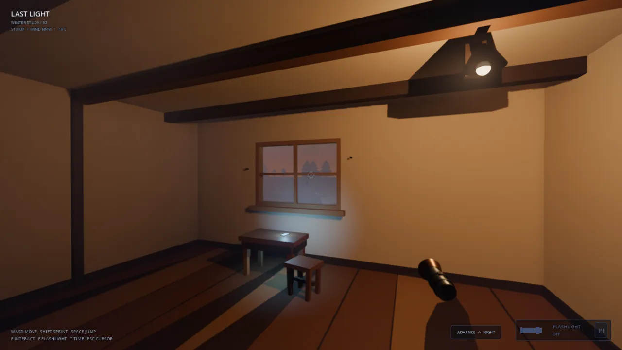 LAST LIGHT dusk interior: warm walls, hanging lamp, window, table and stool
