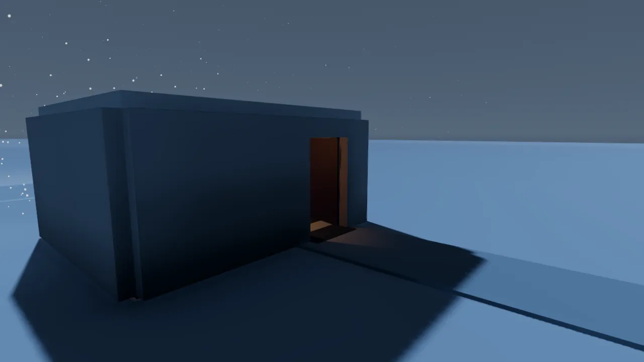 Sol-High Round 1 exterior: dark blue box cabin on a flat snowfield, door open