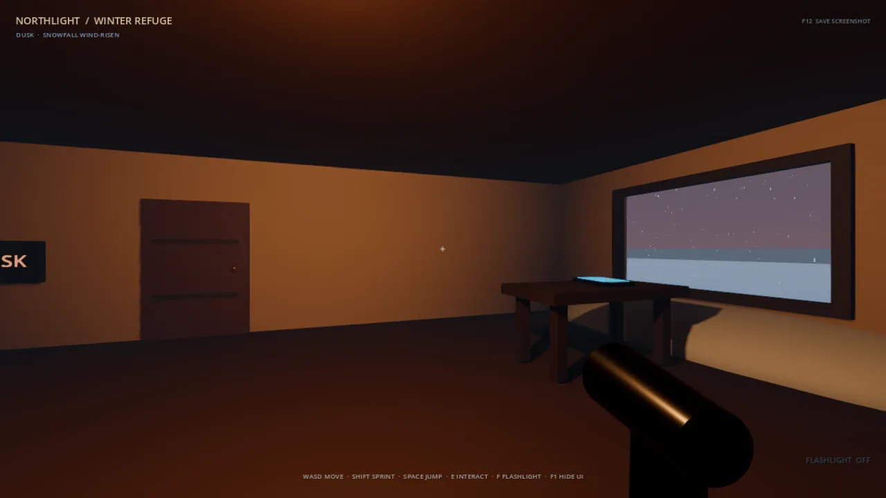 Sol-Max: orange-lit interior with door, wide window onto snow at dusk, flashlight