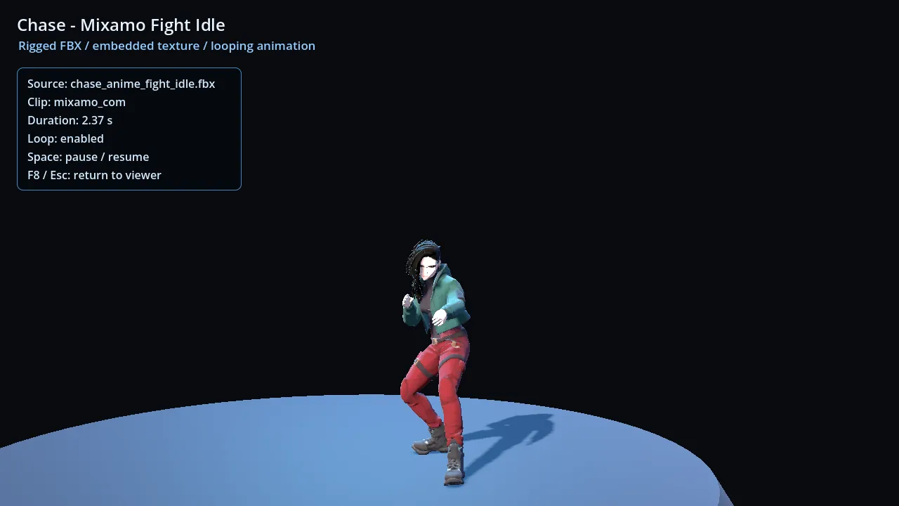 Mixamo-rigged character playing a fight idle animation on a blue disc in Godot