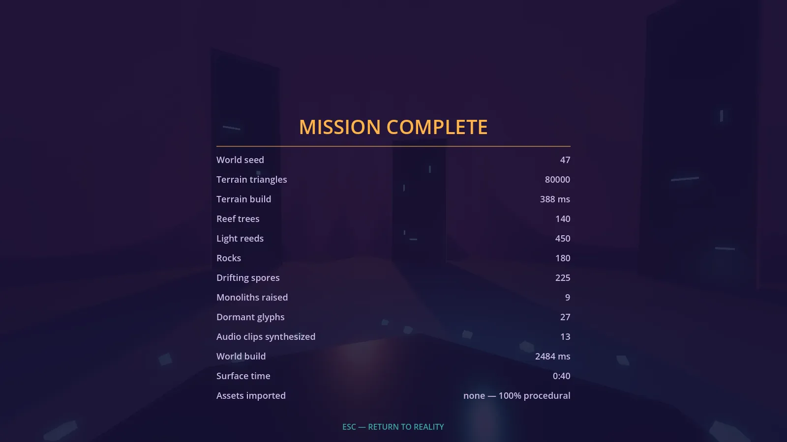 The Violet Hour stats overlay: seed 47, 80,000 terrain triangles, 140 reef trees, assets imported none, 100% procedural