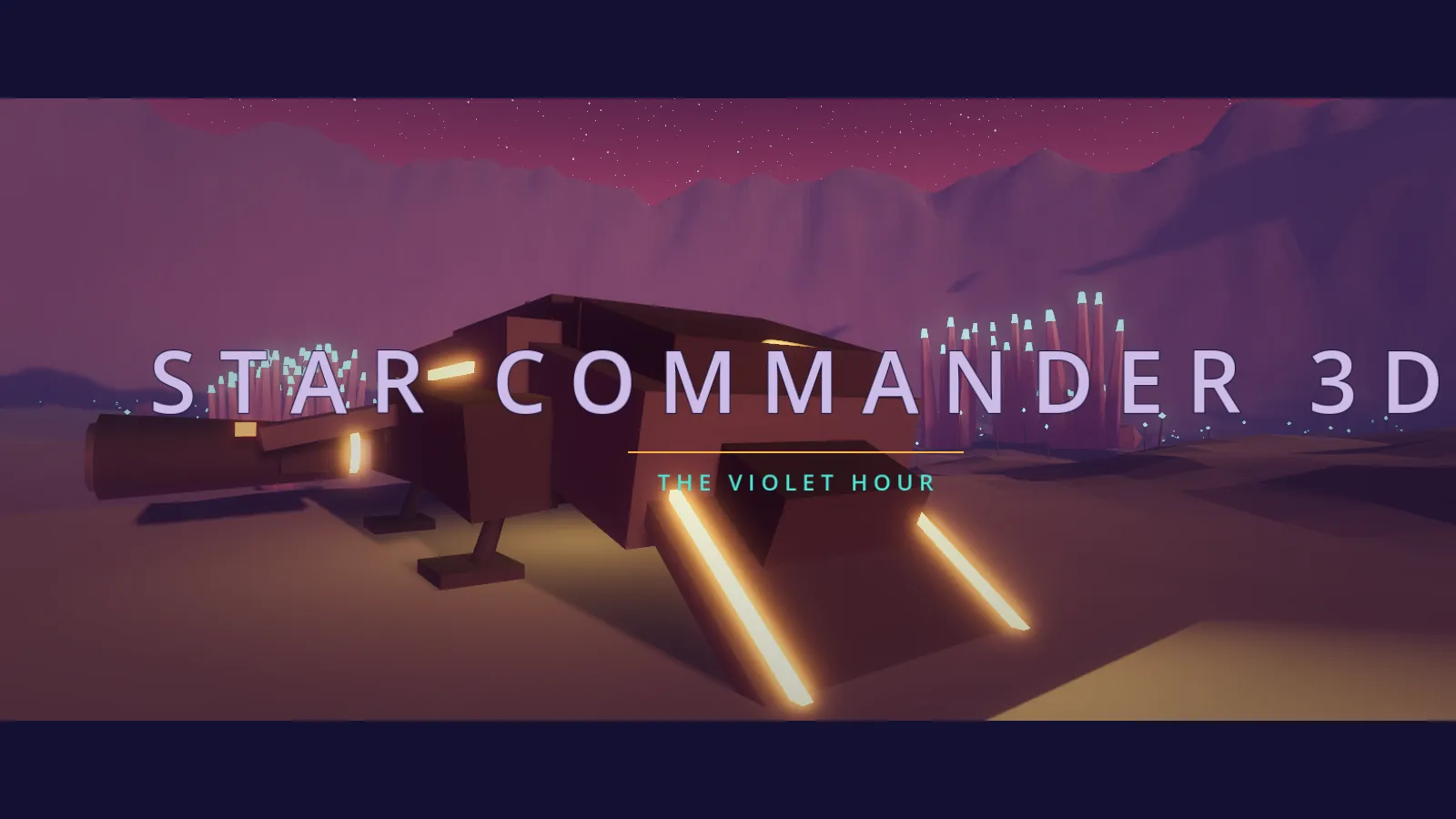 The Violet Hour: landed shuttle with glowing ramps and the title STAR COMMANDER 3D, THE VIOLET HOUR