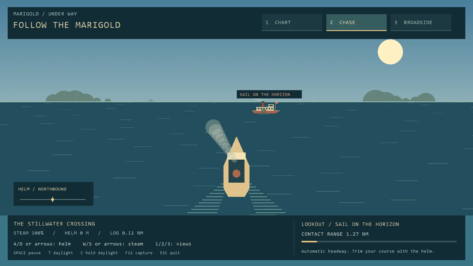 Marigold chase view: stylised steamer from behind on open water, enemy sail on the horizon