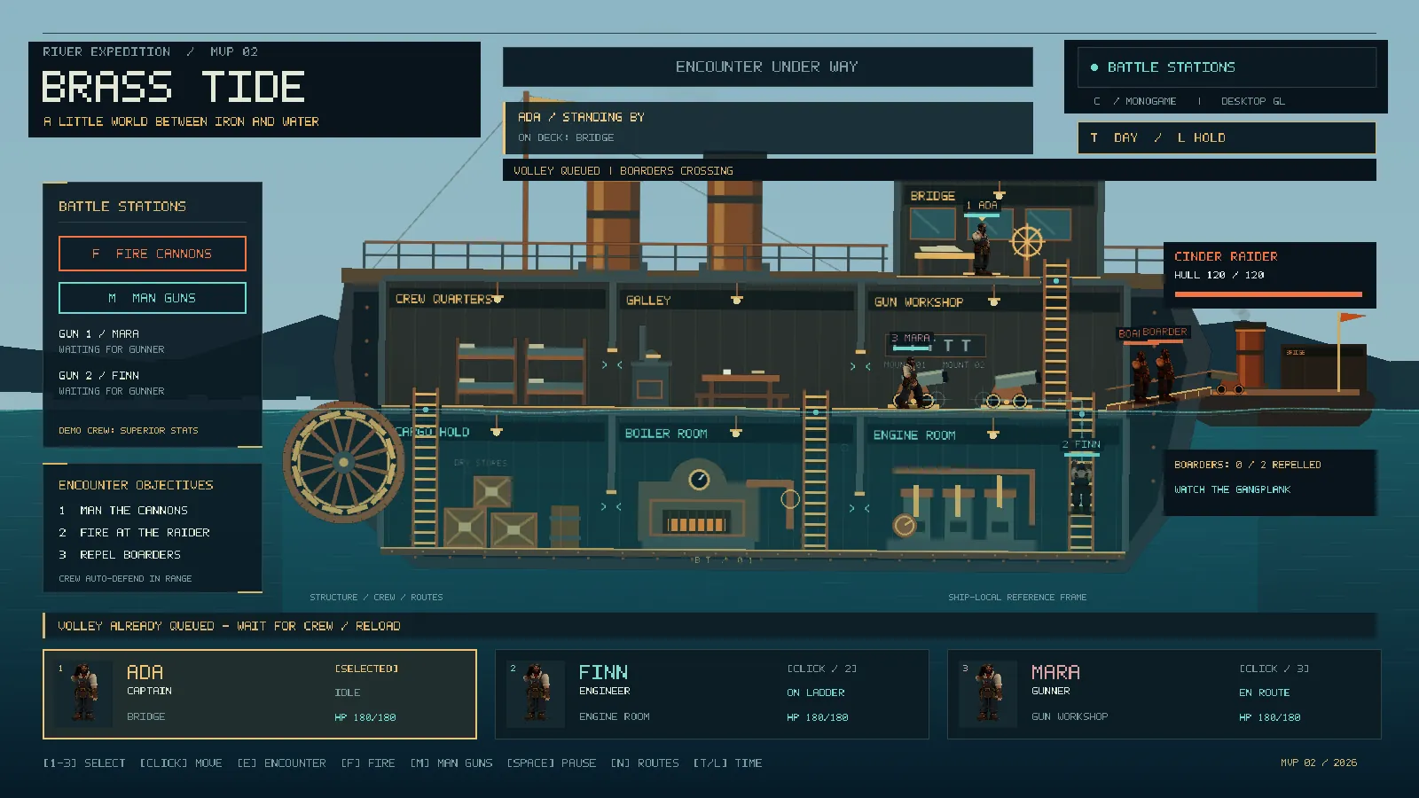 Brass Tide encounter: Cinder Raider alongside with boarders on the gangplank, crew portraits and objectives panel