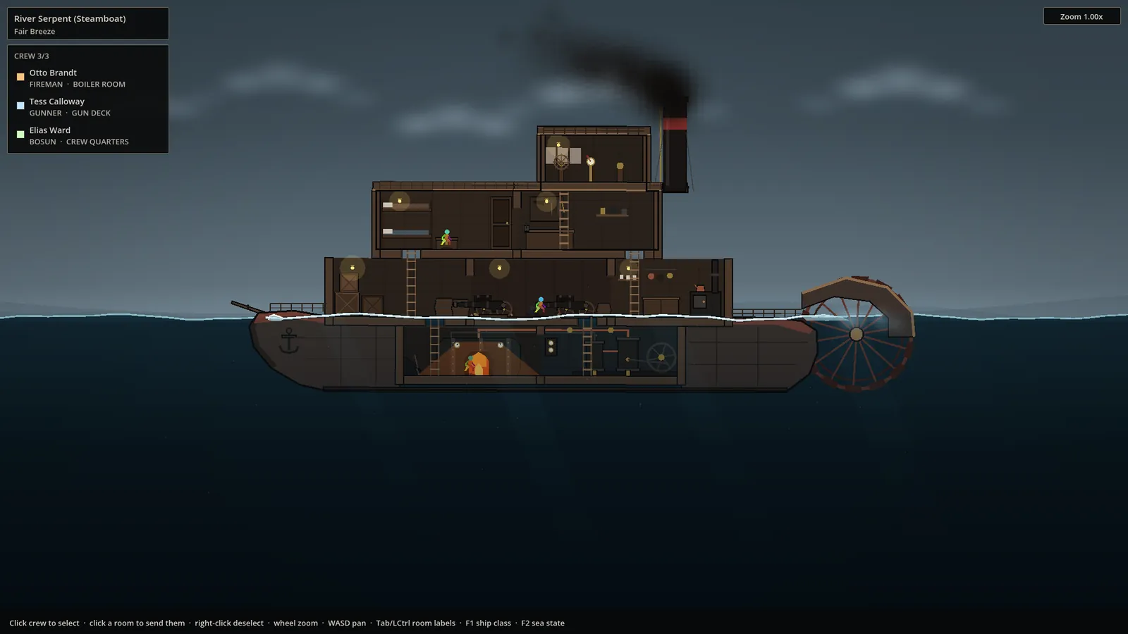 Round 1 Fable build: River Serpent steamboat cutaway with crew roster, rooms, ladders and a paddle wheel