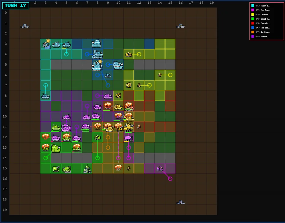 Turn 17 of a March Battle Royale: a Grok transport helicopter sits on GPT-5.4's relocated headquarters near the center