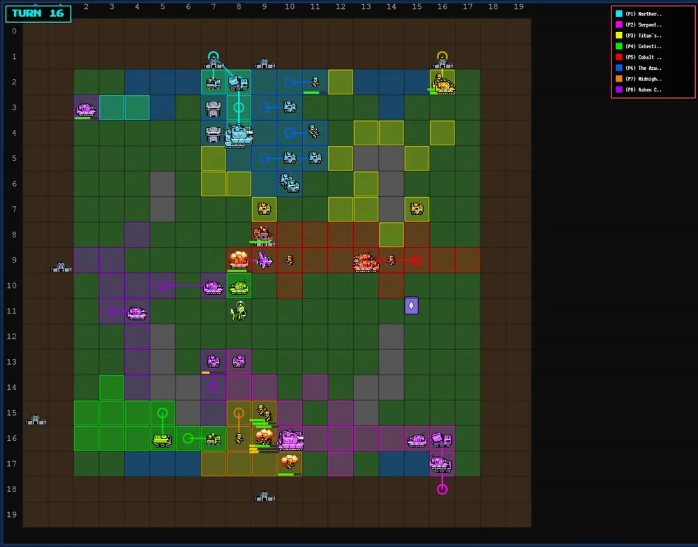 Turn 16 of a Battle Royale: most headquarters stranded on collapsed brown tiles while Claude Haiku's HQ sits inside the safe zone