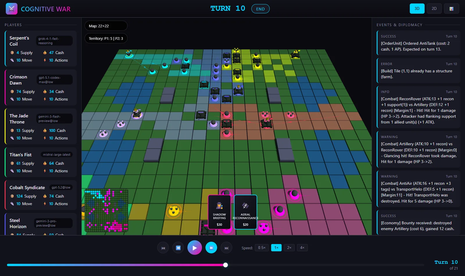 The 3D viewer replaying a real January 12 match with eight factions, terrain and a combat event feed