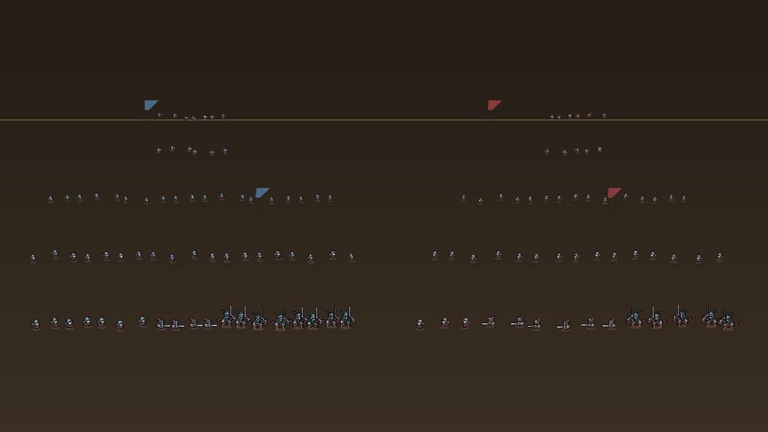 <b>July 11, the first night of the sprite viewer.</b> Left: battle stage v1, with perspective rows and banners, more diagram than battle. Right: a few hours later the viewer was declared complete, with generals, objectives and morale on screen and armies the size of ants.