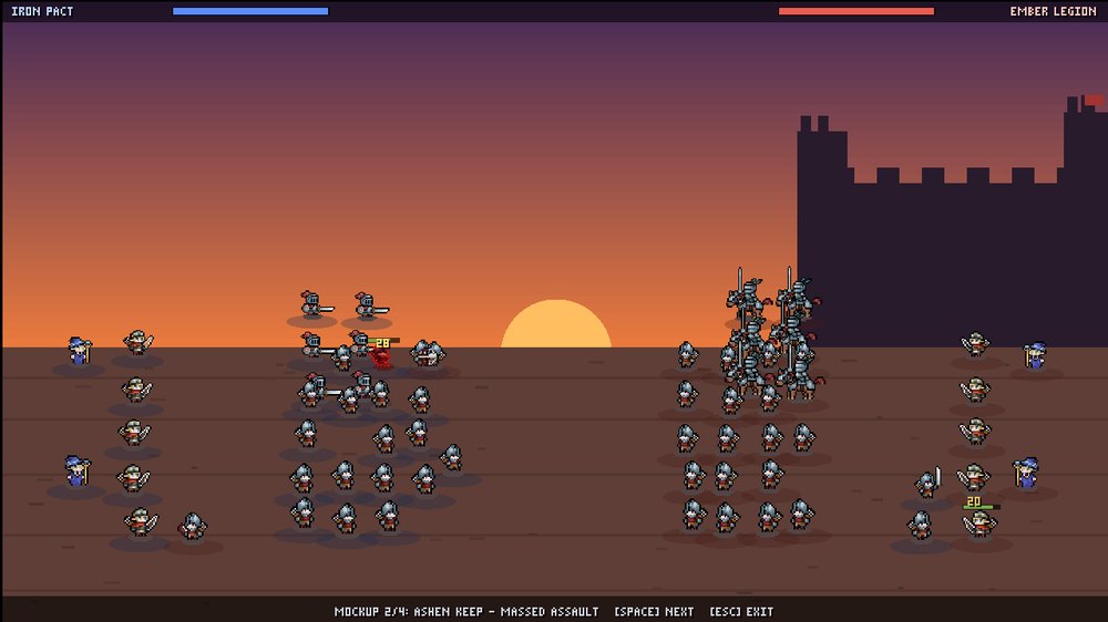 <b>July 12, one battle in three passes.</b> Left: overnight, the same demo battle gets a sky and readable armies. Middle: the standalone BattleMockup that became the visual target. Right: the pixel-font restyle toward it, which is still the viewer's look today.