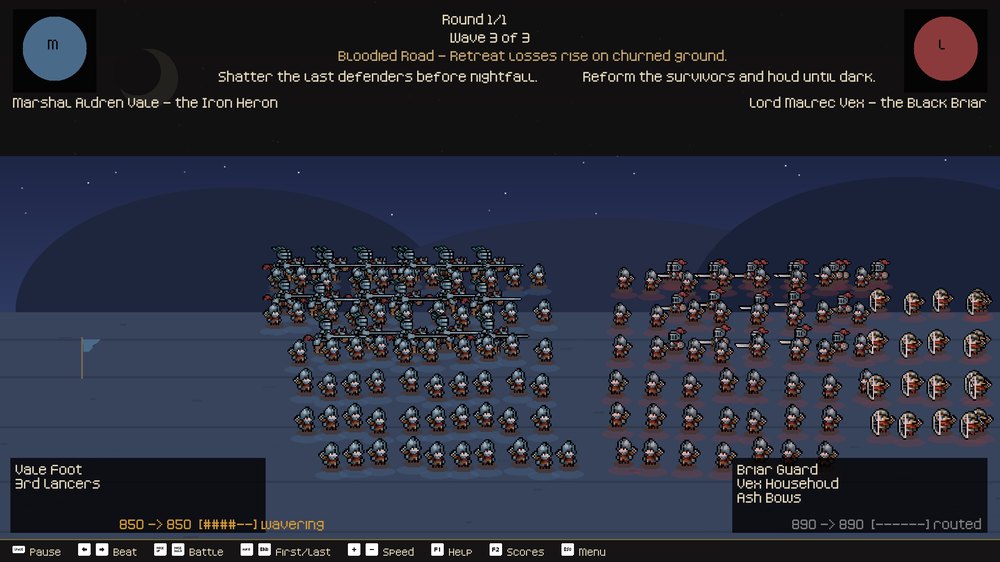 <b>July 12, one battle in three passes.</b> Left: overnight, the same demo battle gets a sky and readable armies. Middle: the standalone BattleMockup that became the visual target. Right: the pixel-font restyle toward it, which is still the viewer's look today.