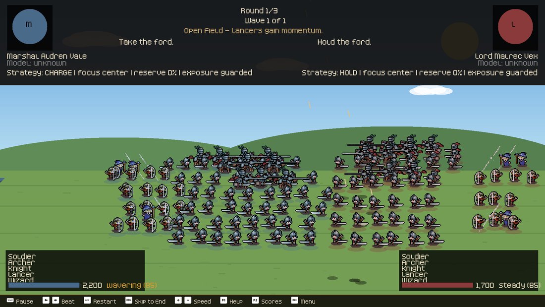 <b>July 14.</b> Formations arrive (left, the wedge), and mercenaries bring monster retinues into the order of battle (right).