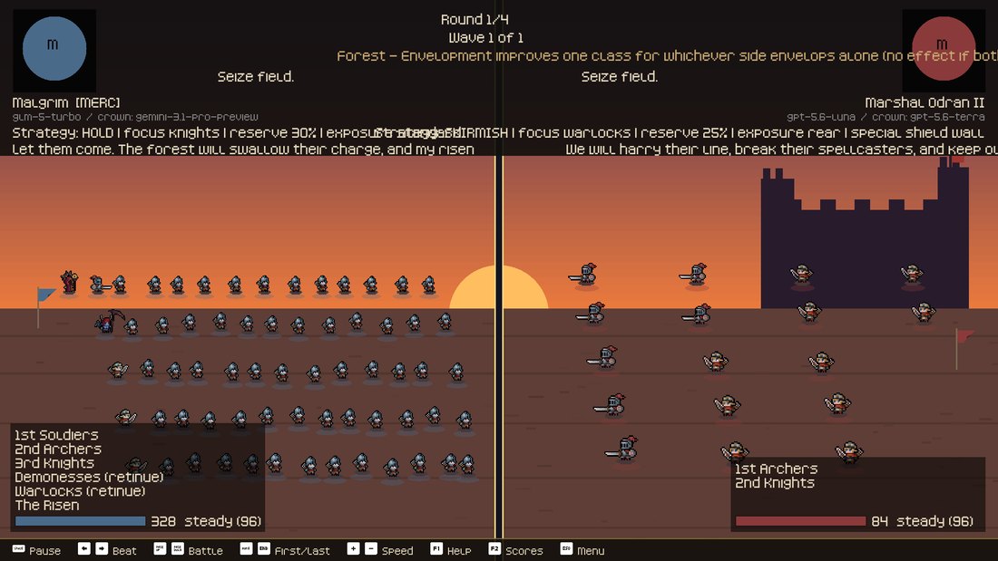 <b>July 14.</b> Formations arrive (left, the wedge), and mercenaries bring monster retinues into the order of battle (right).