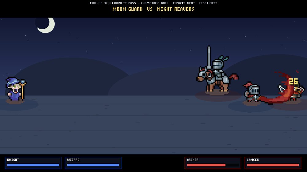 <b>Where duels came from.</b> A moonlit duel between champions in the visual mockup. The human's request was, roughly, to make this real.