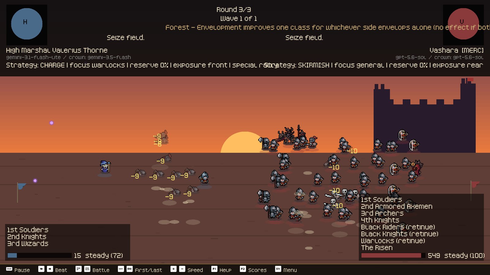 A pixel-art battle at dusk from Logistica Belli.